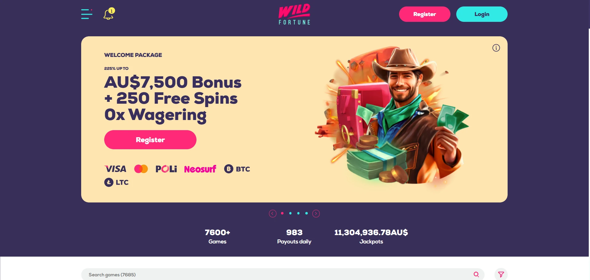 Wild Fortune casino landing screen, captured before opening an account